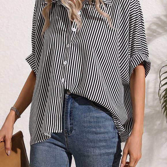Casual Striped Print Batwing Sleeve Shirt Black & White - Picture 5 of 5